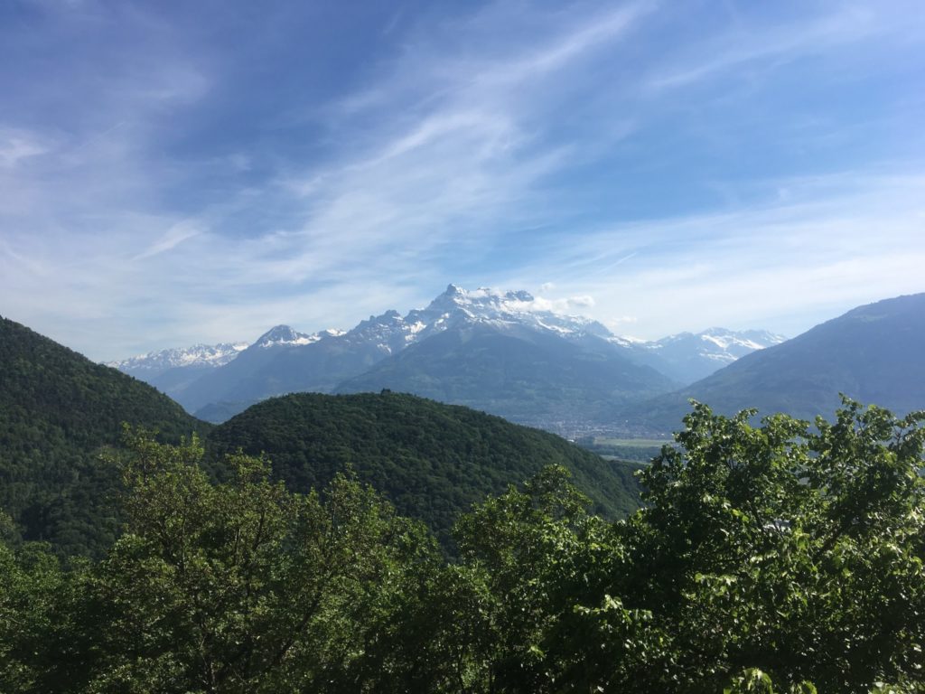 The Dent du Midi and green leaved trees