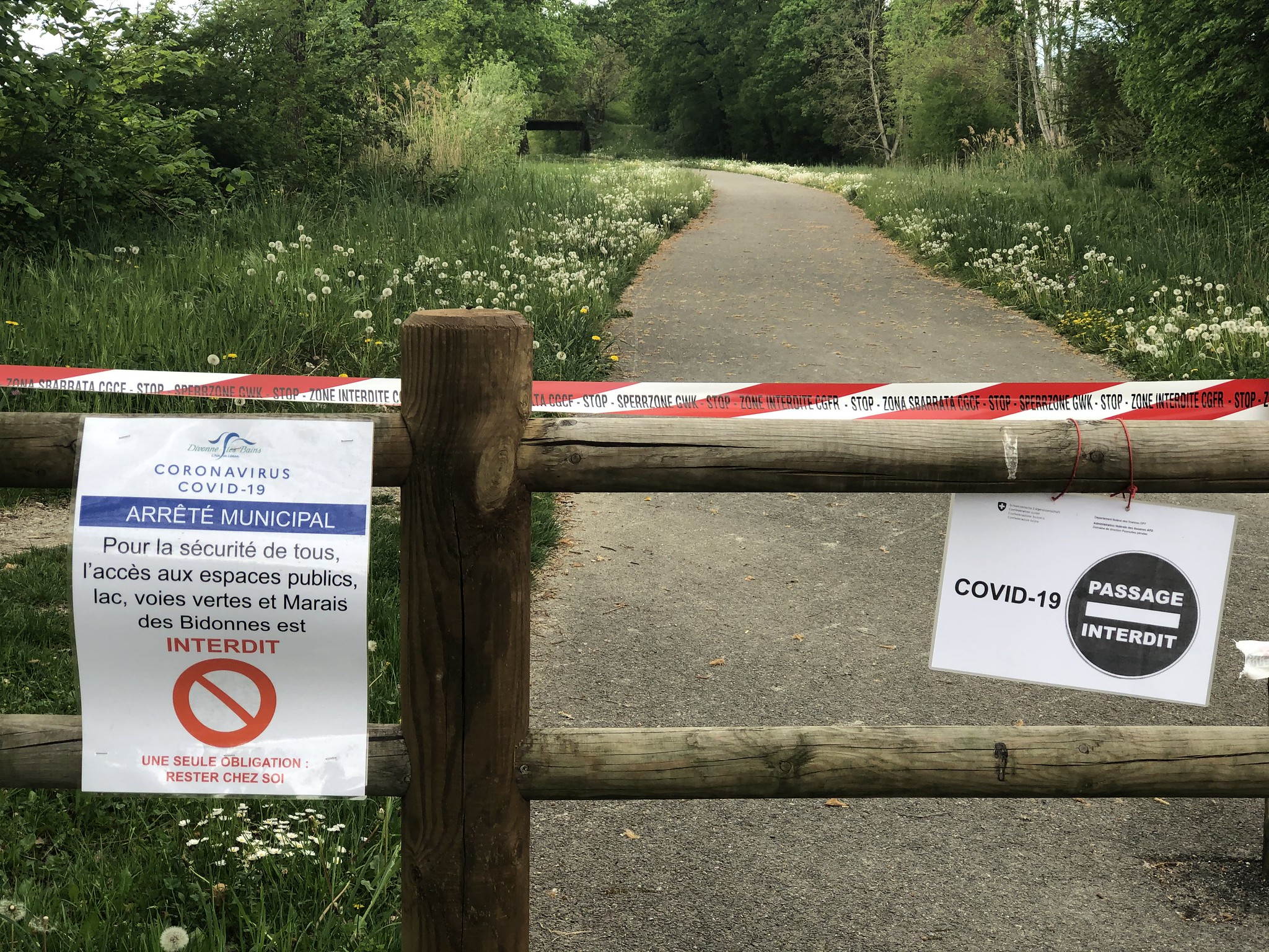 A cycling and walking path is blocked discouraging people from crossing from France into Switzerland and vice versa.