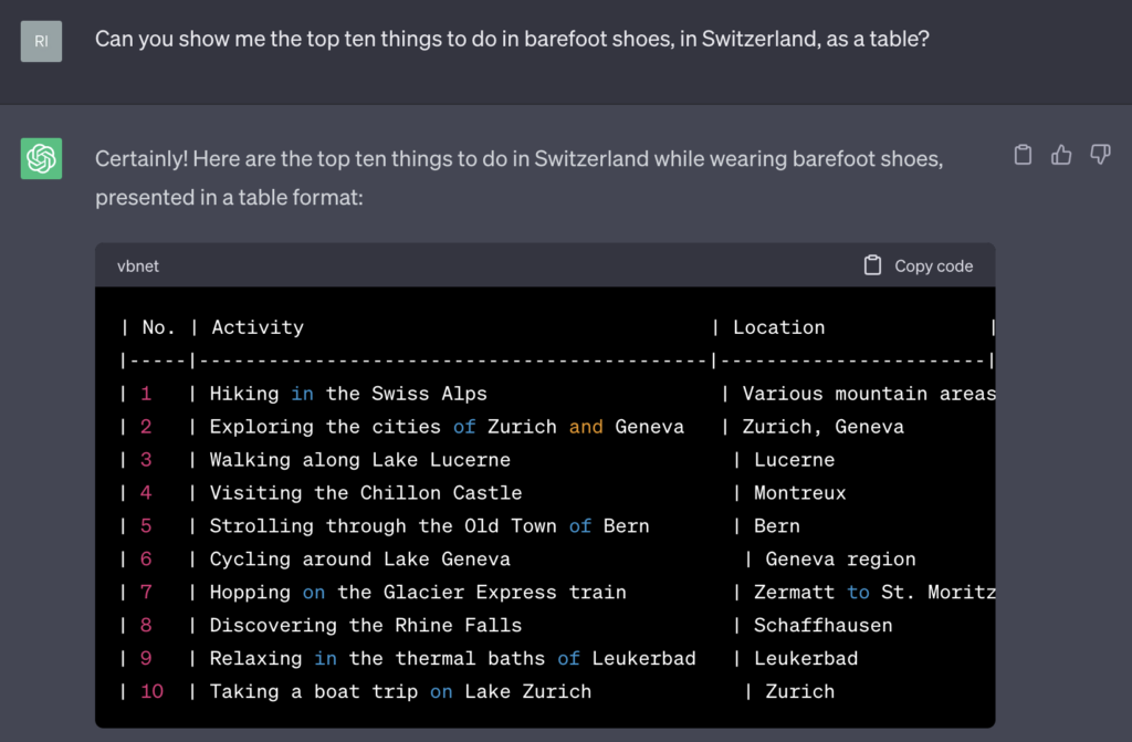 When you ask chatGPT for a table of things to do in barefoot shoes