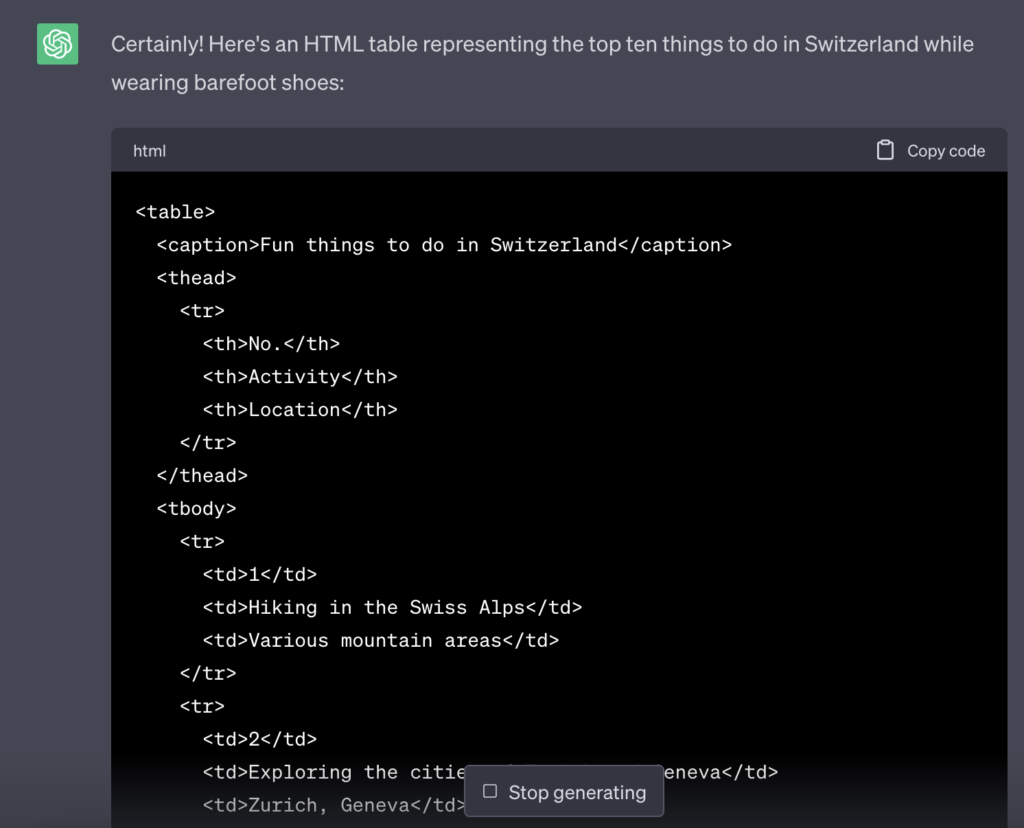 When you ask chatGPT for a table of things to do in barefoot shoes in html