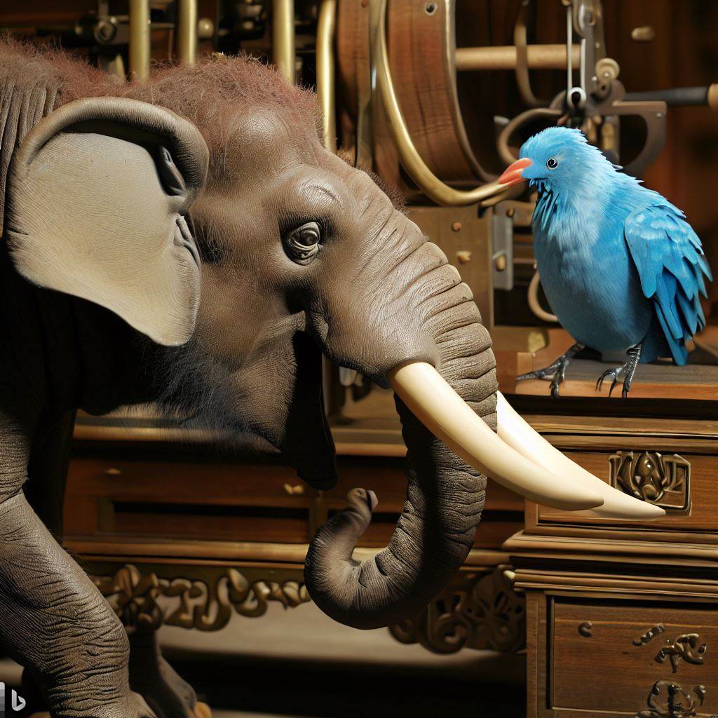 Mastodon and Twitter in front of a printing press