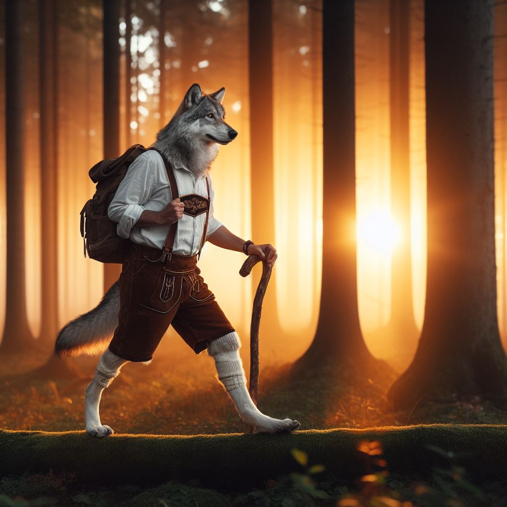 A wolf hiking in the woods